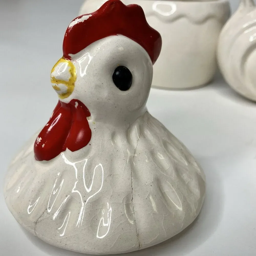 Vtg Rooster & Chicken Hen Coffee & Sugar Bowls Spanish Folk Art White Farmhouse